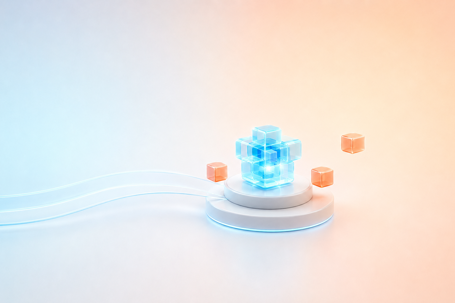 A luminous cyan glass intelligence core resting on a white ceramic podium, with warm coral accents.