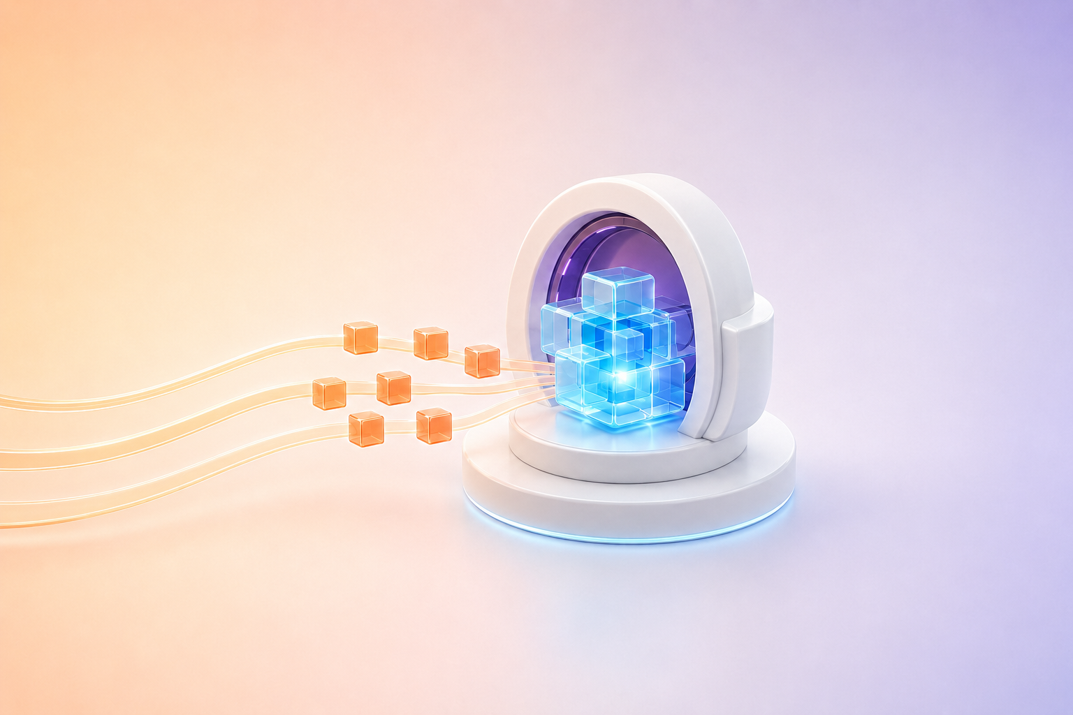 A white ceramic machine drawing orange data streams into a glowing blue intelligence core.